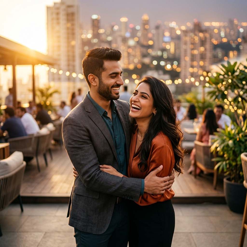 Happy romantic Indian couple smiling and embracing, representing authentic connection on PositiveSingles India