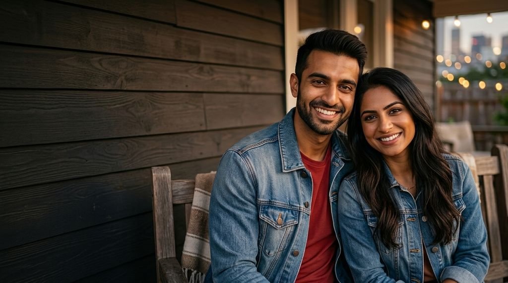 Happy romantic Indian couple smiling together on a porch bench, celebrating genuine love and acceptance on PositiveSingles India
